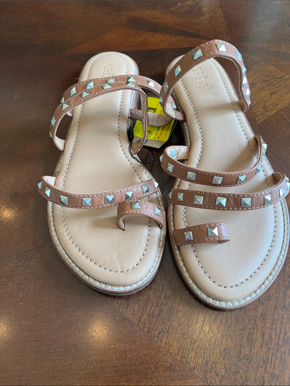 Crevo sandals, Studded Strappy Toe-Ring Sandals in Light Brown and Cream, Crevo